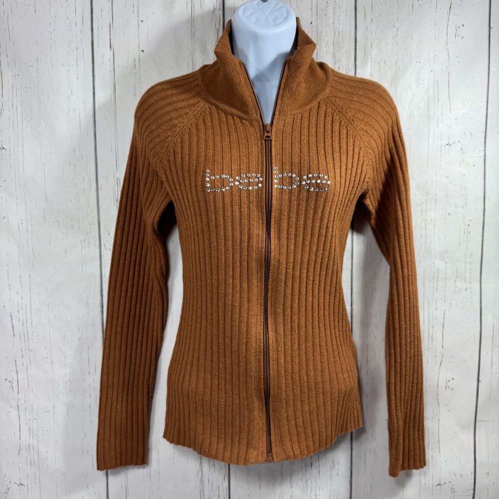 Bebe Womens Y2K Logo Rhinestones Knit Sweater Cowl Neck Ribbed Front Zip Stretch